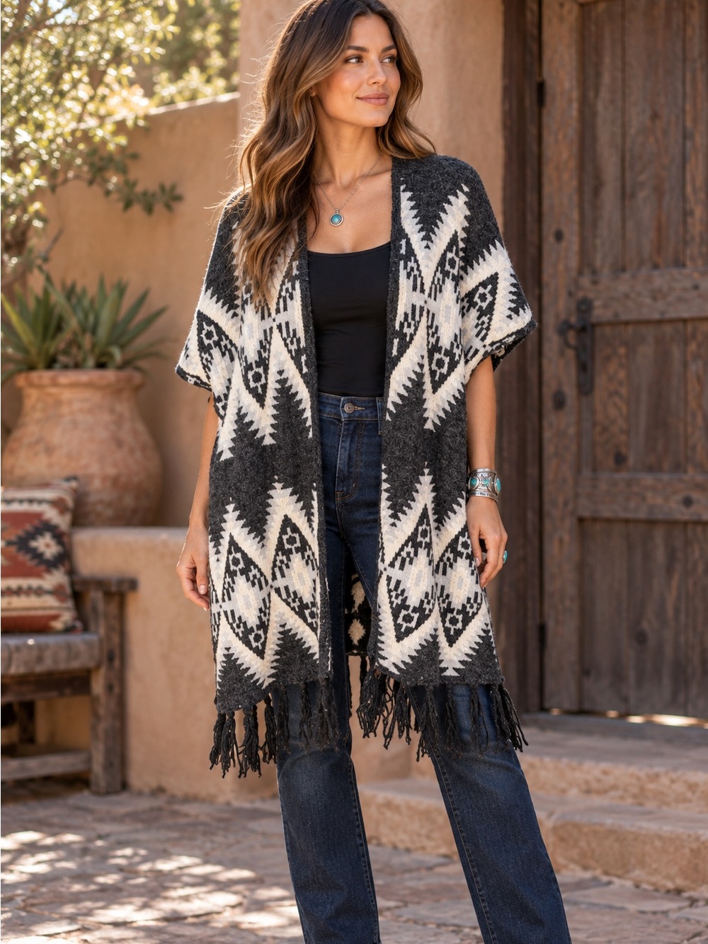 SOUTHWEST Coastal Cowgirl Fringed Gray/Cream Open Angora Blend Cardigan One Size
